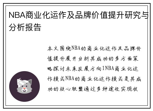 NBA商业化运作及品牌价值提升研究与分析报告