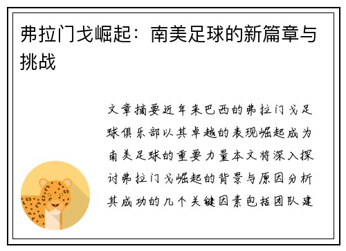 弗拉门戈崛起：南美足球的新篇章与挑战