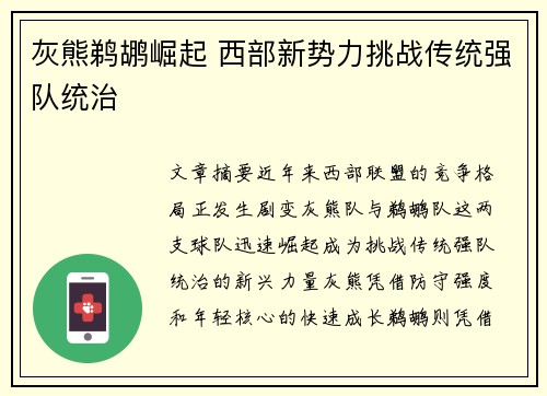 灰熊鹈鹕崛起 西部新势力挑战传统强队统治